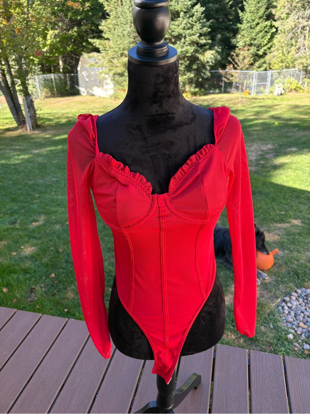SHEIN Red Long-Sleeve Mesh Bandeau Bodysuit